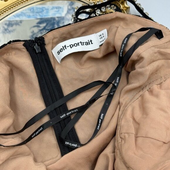 🆕 SELF-PORTRAIT 🧿 NWOT Crystal Trimmed Black Fine Lace Maxi Dress, Sz US4 UK8 - Picture 13 of 15